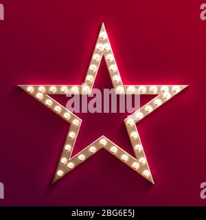 Hollywood film star with light bulb marquee. Retro gold movie frame. Casino light vector sign. Star with light bulb for movie banner hollywood, illust Stock Vector