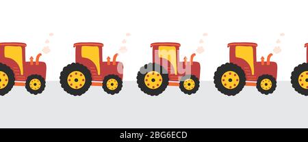 Tractors seamless vector border. Repeating kids pattern tractors.  Stock Vector