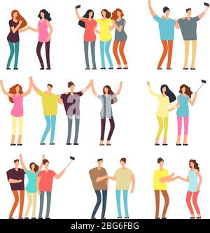 Neighbors men and women characters. Friends groups. Good neighborhood vector cartoon friendly people set. People man and woman character together illu Stock Vector