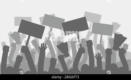 Political protest with silhouette protesters hands holding megaphone, banners and flags. Strike, revolution, conflict vector background. Illustration Stock Vector