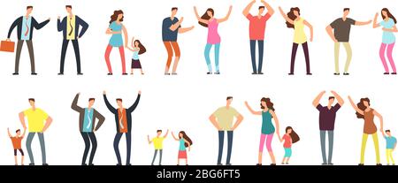 Family and professional conflict. Angry stressed swearing men, women and kids cartoon vector characters isolated. Illustration of people conflict, ang Stock Vector