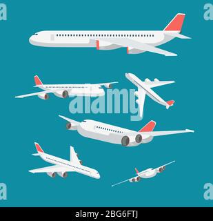 Charter flat airplane in various point of view. Civil aircraft journey and aviation vector symbols isolated. Aircraft charter, airplane with wing, avi Stock Vector