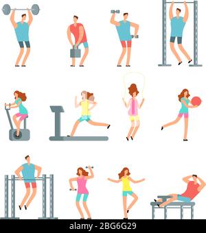 Woman and man doing various sports exercises with gym equipment. Fitness cartoon vector people, gym workout isolated. Fitness exercise in gym, workout Stock Vector