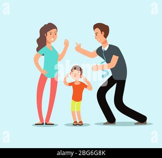 Angry husband and wife swear in presence of unhappy scared kid. Family conflict vector cartoon concept. Illustration of man and woman divorce Stock Vector