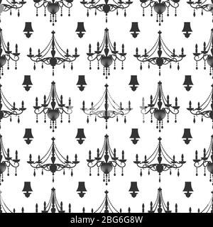 Elegance crystal chandeliers seamless pattern background design black white. Vector illustration Stock Vector
