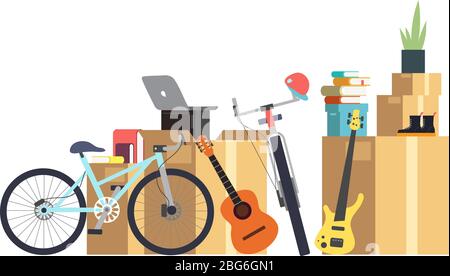 Paper cardboard boxes with various household thing. Family moving into new house. Cartoon vector concept cardboard box for relocation house, package f Stock Vector
