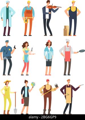 Man and woman workers with tools in uniform. Cartoon vector characters of different professions isolated. Ilustration of musician and cook, specialist Stock Vector