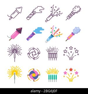 Festival dynamite, party fireworks, festive spark, holiday pyrotechnic line and silhouette icons. Vector illustration Stock Vector