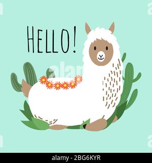 Cartoon lama animal vector design - hello card with cute alpaca and green cactus illustration Stock Vector