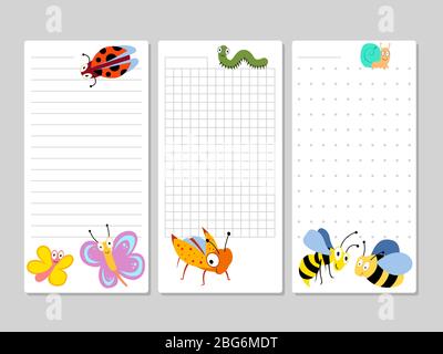 Kids pages for notes and to do lists of set with cartoon insects. Vector illustration Stock Vector