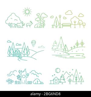 Bright nature landscape outline icons with tree, plants, mountains, river. Vector illustration Stock Vector