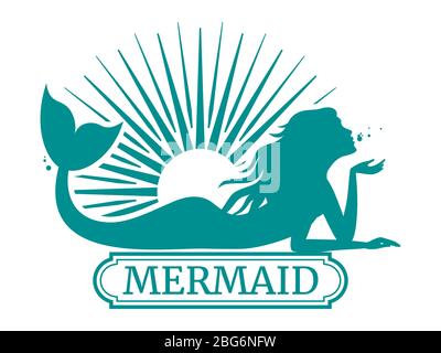 Mermaid silhouette and sun label design isolated on white. Vector illustration Stock Vector