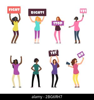 Cartoon international women protesters, feminism, womens rights and protest set. Vector illustration Stock Vector