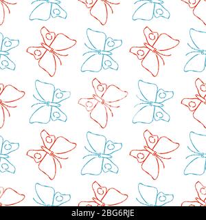Color pencil sketch butterflies linear style seamless pattern background. Vector illustration Stock Vector