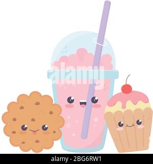 cute milkshake cookie cupcake kawaii cartoon character vector illustration Stock Vector