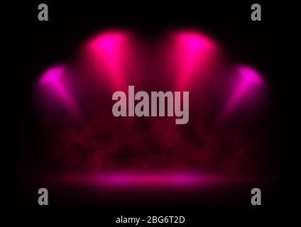 Vector red and pink spotlights on scene with light beams in the smoke. Design for presentation your product. Eps 10. Stock Vector