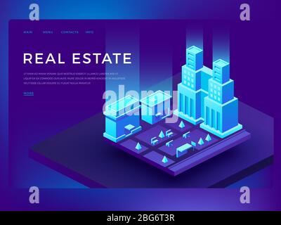 Real estate web site design with 3d isometric buildings. Smart city technology vector business innovation concept. Urban cityscape innovation illustra Stock Vector