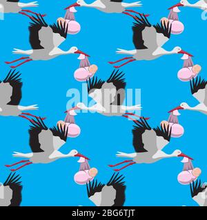 seamless pattern of a stork carrying a baby on a blue background. Vector image Stock Vector