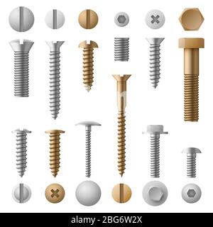 Stainless bolts screws, nuts, fasteners and rivets vector illustration isolated on white background. Rivet and screw bolt, steel element nut Stock Vector