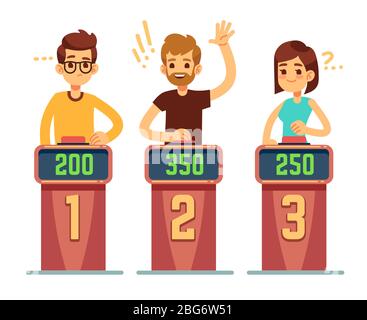 People answering questions and pressing buttons on quiz show. Conundrum game competition vector concept. Illustration of game competition, quiz intell Stock Vector