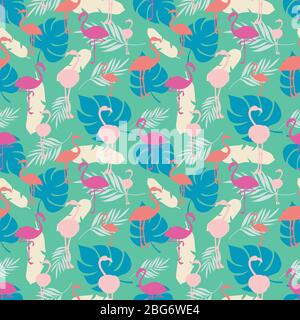 Bright colored tropical summer seamless pattern with flamingo and plants. Vector illustration Stock Vector