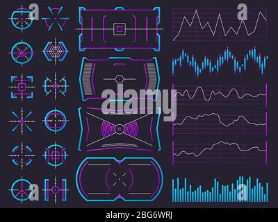 Futuristic ui design hologram screens. Chart, graph, interface frames and warning regulators. Future science hud interfaces vector set. Illustration o Stock Vector