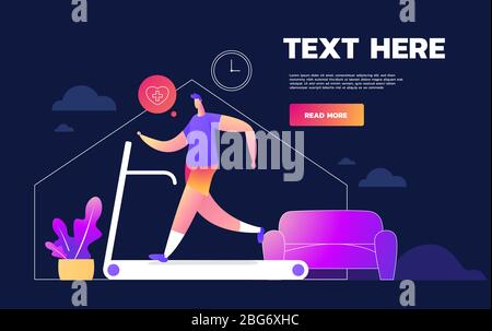 Coronavirus Epidemic Quarantine. Stay home. Awareness social media campaign and coronavirus prevention man running on the treadmill at home. Stock Vector