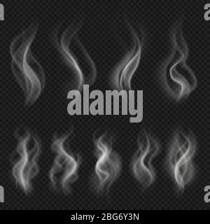 Grey hot smoke clouds. White transparent steam evaporation isolated vector effects. Vector motion steam fog, flow smoke effect illustration Stock Vector