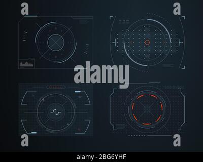 Futuristic hud virtual control panels. Hologram touch screen high tech vector design. Panel system interactive, gaming indicator illustration Stock Vector