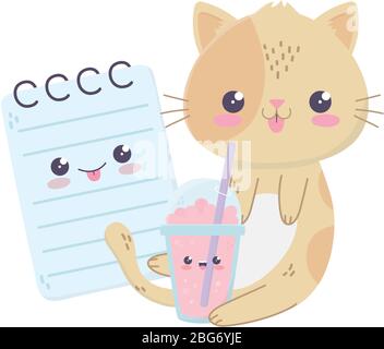 cute cat milkshake and notepad kawaii cartoon character vector illustration Stock Vector