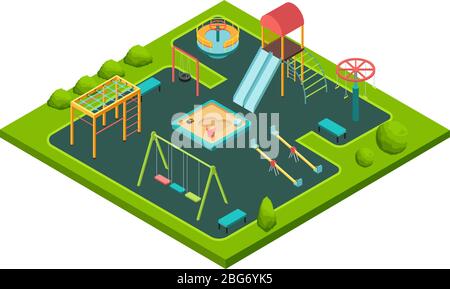 Isometric kids summer playground with childrens swing and sandbox isolated cartoon vector illustration. Slide and swing, sand outdoor, playful kinderg Stock Vector