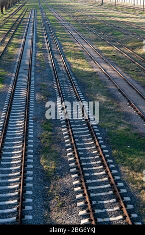 Panoramic view of many rusty railroad tracks. Top view Stock Photo