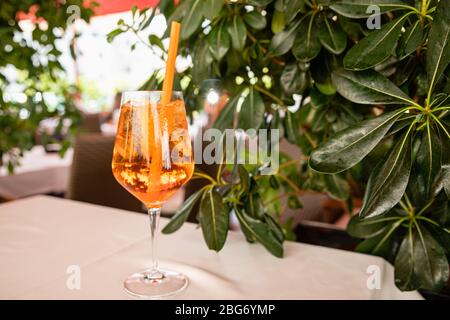 Orange aperol spritz alcoholic summer drink near green plant in cafe, bright background Stock Photo