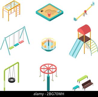 Isometric 3D outdoor kids playground vector cartoon elements isolated. Illustration of slide and swing, ladder and sandpit for playground Stock Vector