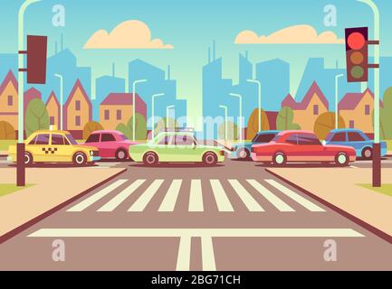Cartoon city crossroads with cars in traffic jam, sidewalk, crosswalk and urban landscape vector illustration. Road with car on intersection way Stock Vector