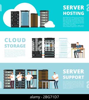 Hardware server system and network administration. Data storage engineering service. Vector hosting server and support service administration illustra Stock Vector