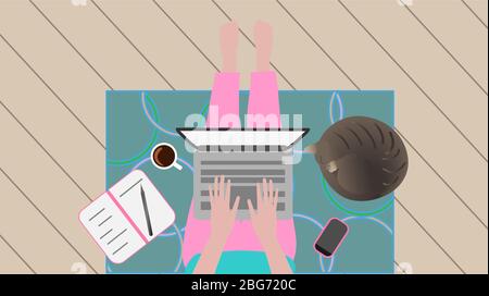 a woman in pink pants sits on a blue rug and works at a laptop, a brown striped cat sleeps nearby, a pink mobile phone lies, an open notebook with a p Stock Vector