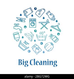 Big cleaning icons round concept. Housework washing line icons on white. Vector illustration Stock Vector