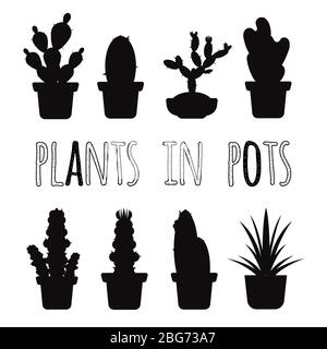 Vector home plants cactus in pots black silhouettes of set illustration Stock Vector