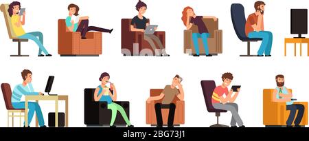 Sedentary man and woman on couch watching tv, phone, reading. Lazy lifestyle cartoon vector characters isolated. Illustration of relaxing armchair, re Stock Vector