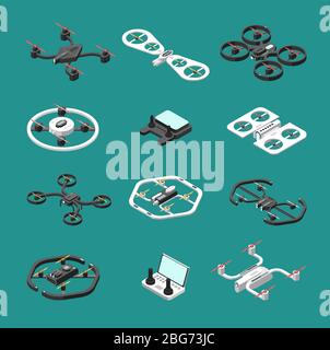 Isometric 3d drones. Uav unmanned aircrafts vector set. Illustration of quadrocopter remote, transport quadcopter equipment Stock Vector