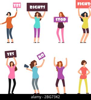 Cartoon women protesters, feminism, womens rights and protest vector concept. Female international rights, freedom woman illustration Stock Vector