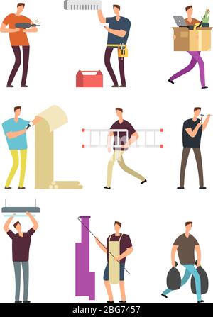 Man in household activities. Repair in apartment various situations vector cartoon characters set. Illustration housework and household man, housekeep Stock Vector