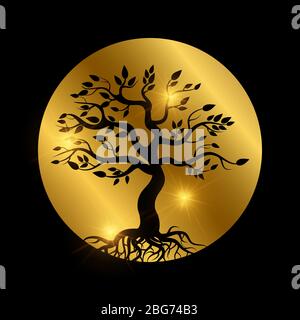 Black tree with roots silhouette with shiny elements. Vector illustration Stock Vector