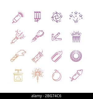 Bright holiday pyrotechnic line vector icons. Festival fireworks elements design. Firework for festival event, firecracker explosion, celebrate party Stock Vector