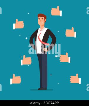 Cartoon proud employee with many thumbs up hands of businessmen. Business recognition vector concept. Illustration of leader character, compliment and Stock Vector