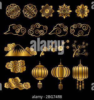 Golden japanese and chinese asian motif vector decor elements isolated on black background illlustration Stock Vector