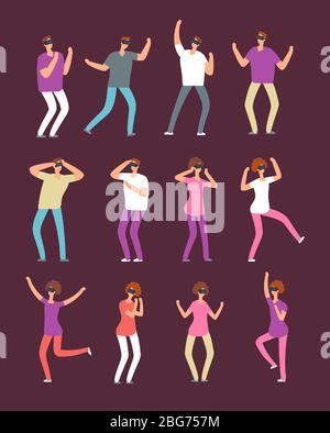 Cartoon people with virtual reality equipment. Men and women in vr headset playing cyber battle game. Headset for cyber vr, device gadget game, vector Stock Vector