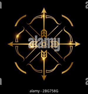 Golden bow and arrows on black background. Archery emblem vector design illustration Stock Vector