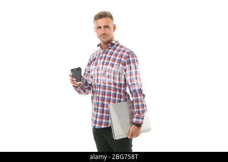 Your online coffee break. Tech worker hold takeaway cup and laptop. Enjoying coffee or tea. Computer specialist relax during work break. Rest break during working day. Pause its break time. Stock Photo